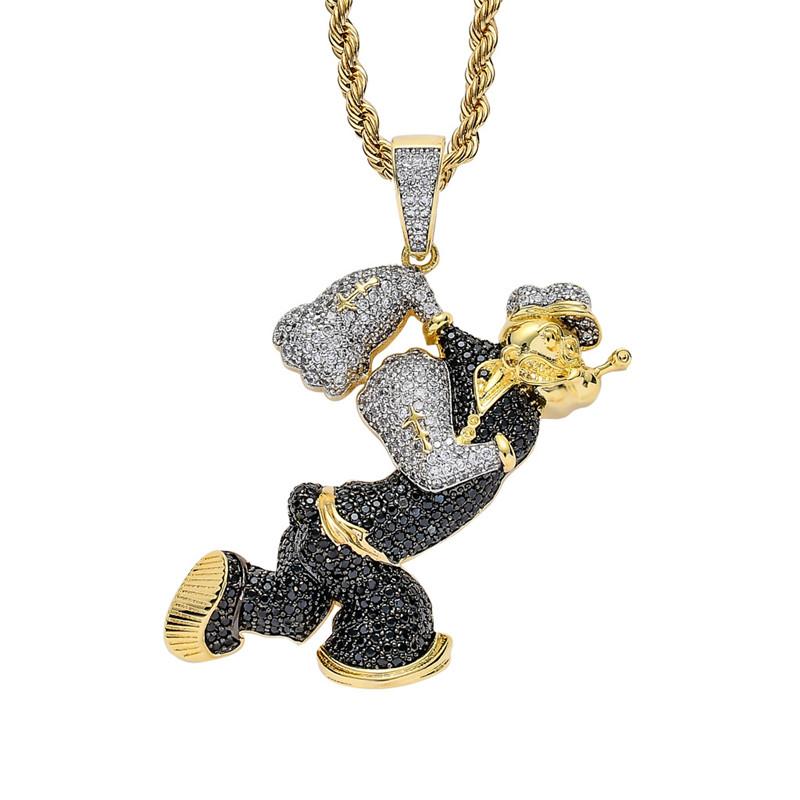 

Pendant Necklaces Iced Out Full Cubic Zircon Cartoon Character Popeye Pendants Necklace For Men Hip Hop Rapper Jewelry Gift