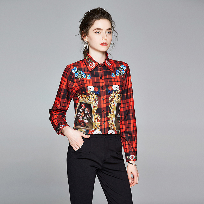 

2021 Fashion Plaid Shirts Spring Long Sleeve Print Women's Runway Button Shirt Plus Size Ladies Office Designer Blouses Tops Autumn Winter, Customize