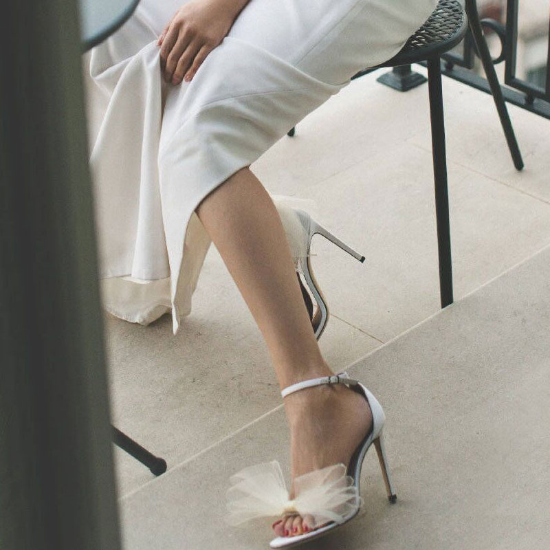 

Hot Sale-Satin Shoes Woman Sweet Big Bow Knot Elegant Ankle Strap Party Shoes Black High Heels White Wedding Open Toe