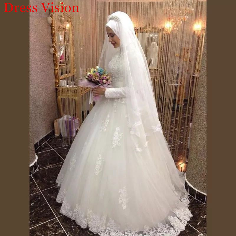 

2021 Muslim Lace Appliques Long Sleeves Wedding Vestido Noiva Robe De Mariage F5t3, Same as image