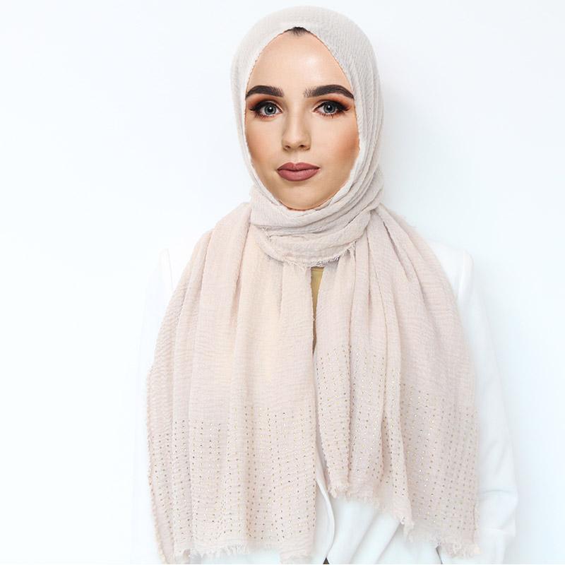 

Scarves Women Bubble Plain Cotton Hijab Scarf Shawl Rhinestone Fringes Oversized Long Breathable Muslim Head