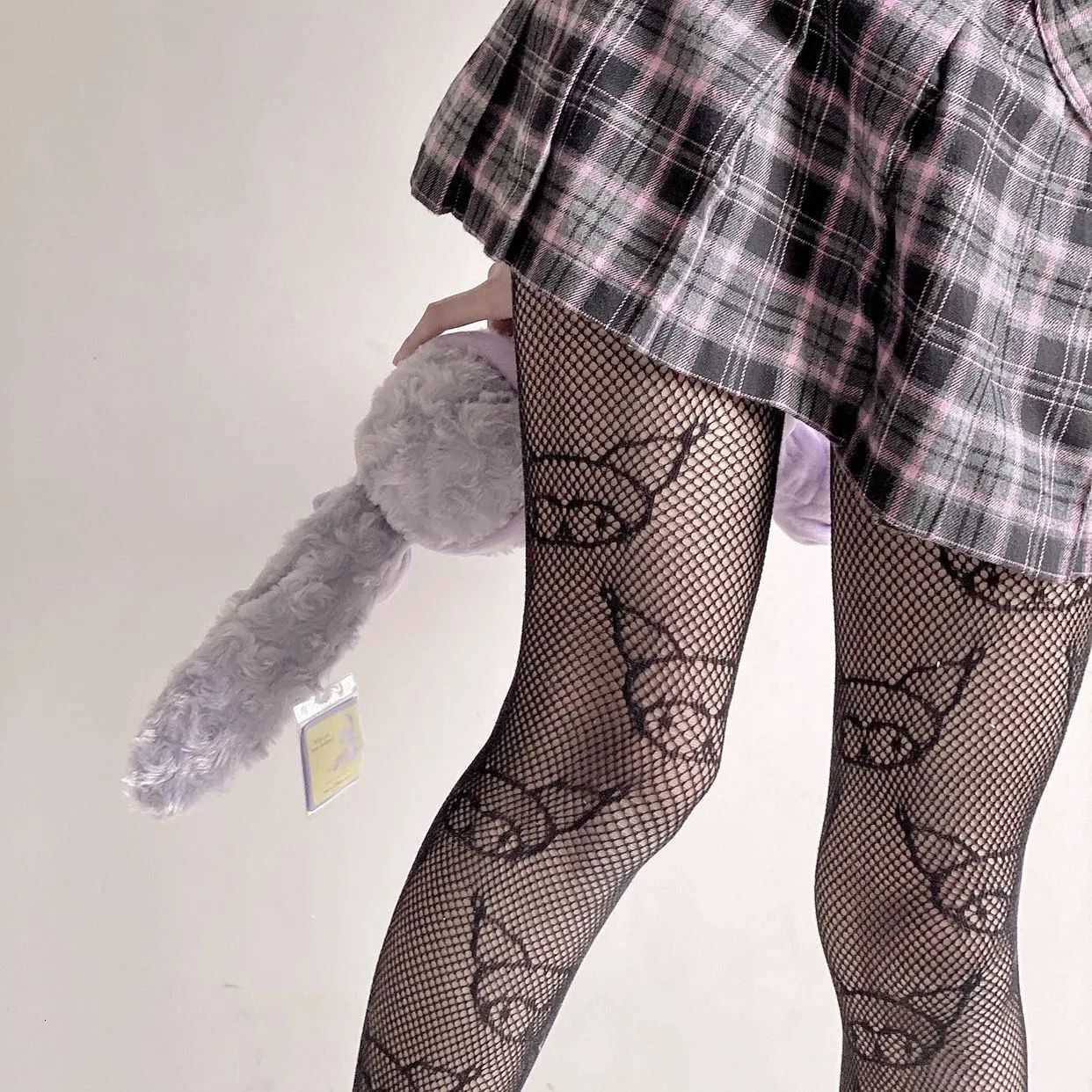 Tattoo Sock Cartoons Hollow Out Tights Black Letters Silk Stockings Girls Sheer Footed Pantyhose Dance Stocking-image-734007036