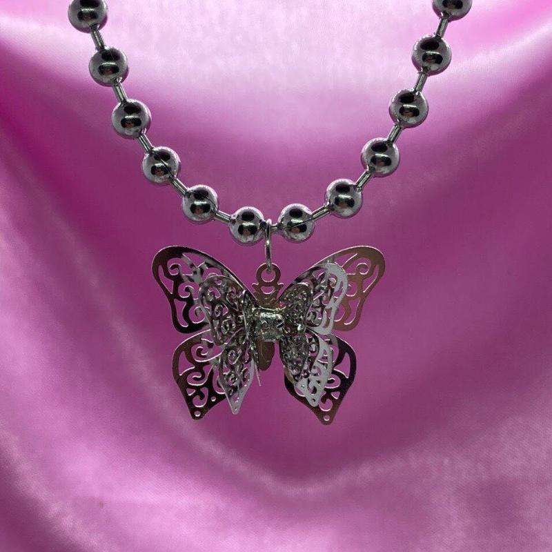 Pendant Necklaces Stainless Steel Butterfly Necklace For Women Metal Bead Chain Punk Style Beads Sweater Choker Gothic Colar Collares-image-711296645