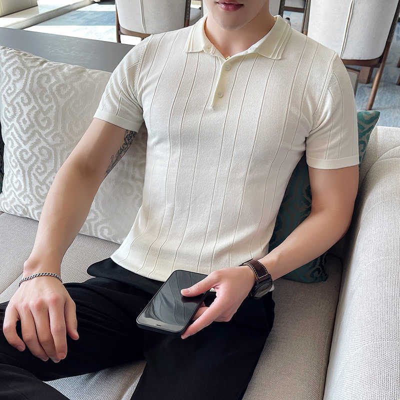 

Striped Knit Polo Shirt Men Summer Ice Silk Breathable Short Sleeve POLO Shirts Casual Slim Streetwear Lapel Tops Male Clothing 210527, Gray
