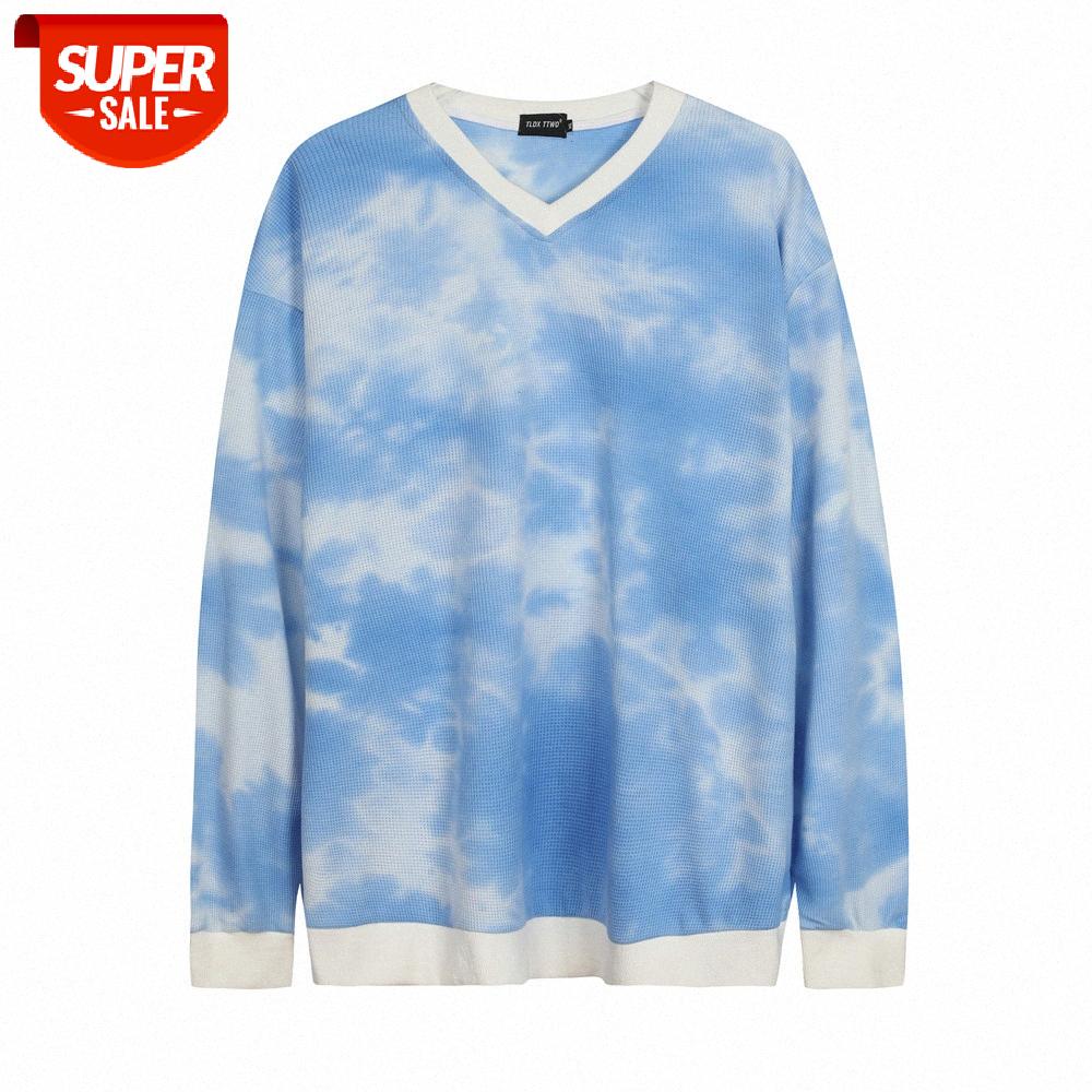 

Wind gradient tie-dye long-sleeved t-shirt men's street loose V-neck shirt bottoming #u71s, White;black