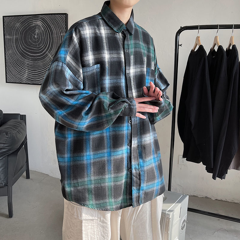 

2021 New Spring Cotton Gradient Men's Fashion Retro Casual Street Korean Loose Long-sleeved Shirts Mens Plaid Shirt M-2xl Itrk, Purple