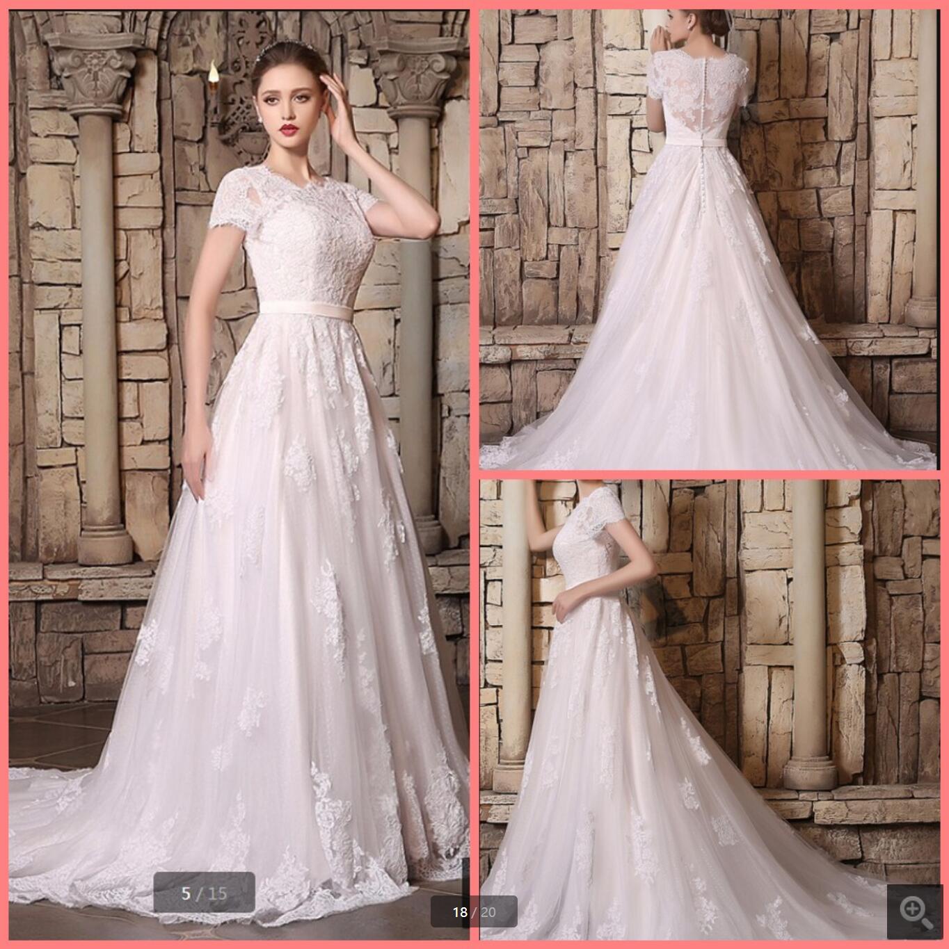 

Robe de mariage 2021 white lace a line vintage wedding dress scoop neckline with appliques short sleeve modest bride dresses court train gothic long bridal gowns, Ivory