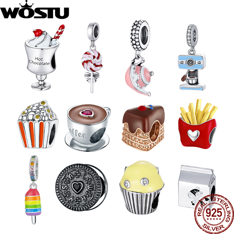 

WOSTU 2021 Coffee Cup Chocolate Food Cake Bracelet Fit DIY Charms 925 Sterling Original Pendant Bead For Women DIY Fine Jewelry Q0531
