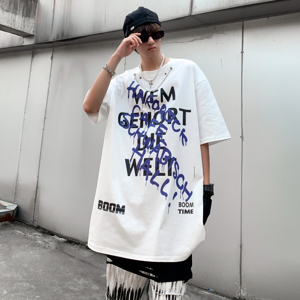 

t shirt 2021 summer ins high street letter print string necklace trendy men's and women's loose hip hop youth short sleeve, White;black