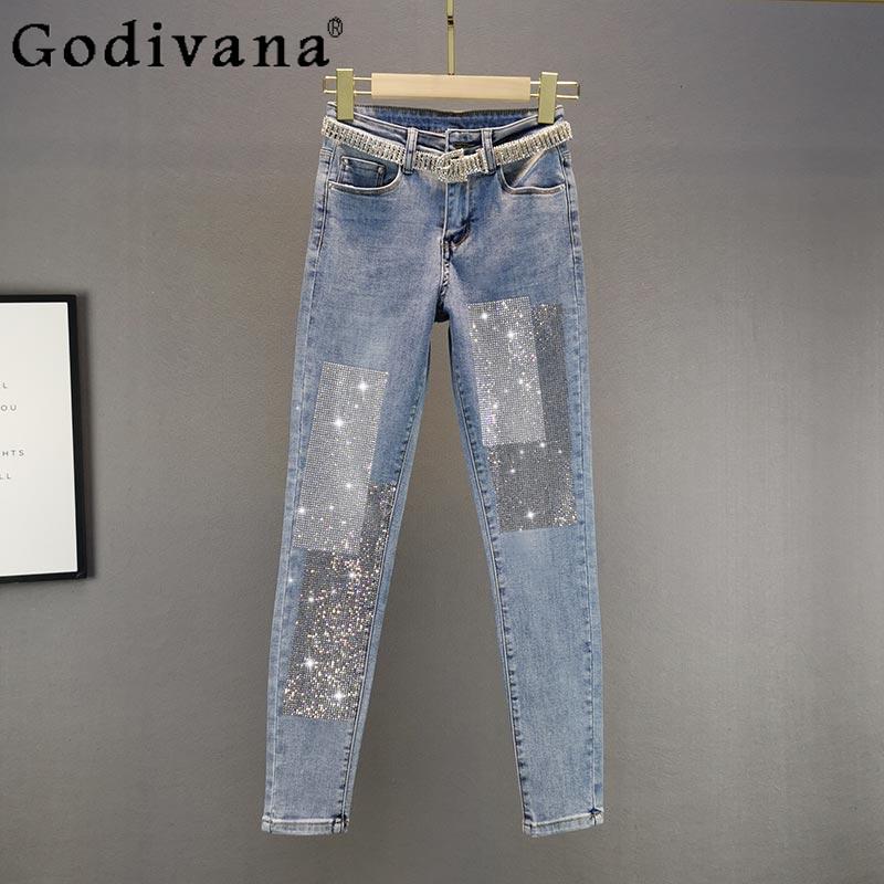 

Women's Jeans Rhinestone Skinny For Women 2022 Spring High Waist Slimming Stretch Denim Pants Lady Blue Casual Pencil Trousers