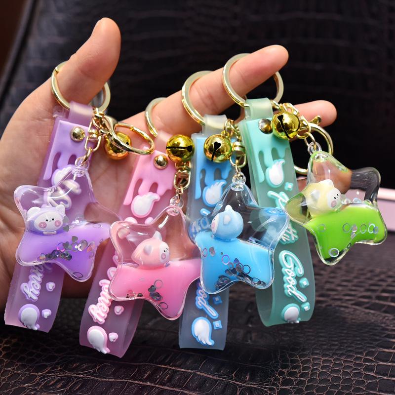 

Keychains Cute Floating Liquid Elf Keychain Five-pointed Star Wizard Moving Sequins Keyring For Women Charm Bag Pendant Keyfob Kids Gifts