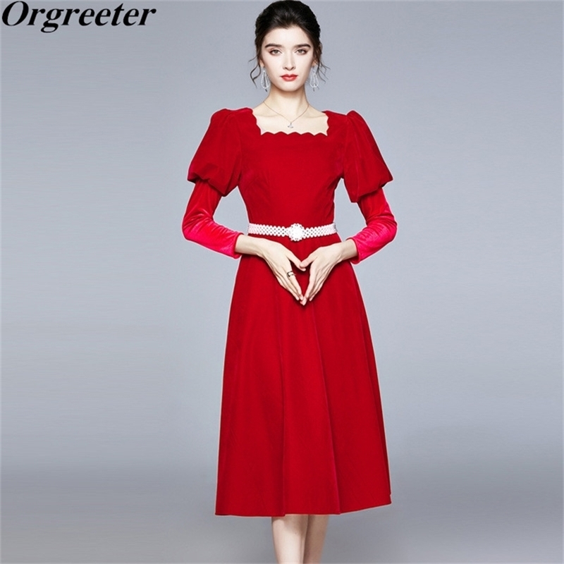 

Party Dress Fall Winter Black/Red Square neck Puff sleeve Luxury Mid-length Slim Long Velvet Women With Pearl Belt 210602