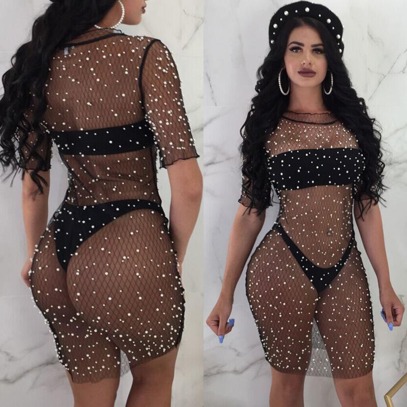 

2021 Summer Women Sexy Bikini Cover Up Dress Mesh Fishnet Swimsuit Swimwear Dress Bathing Beachwear, White;black