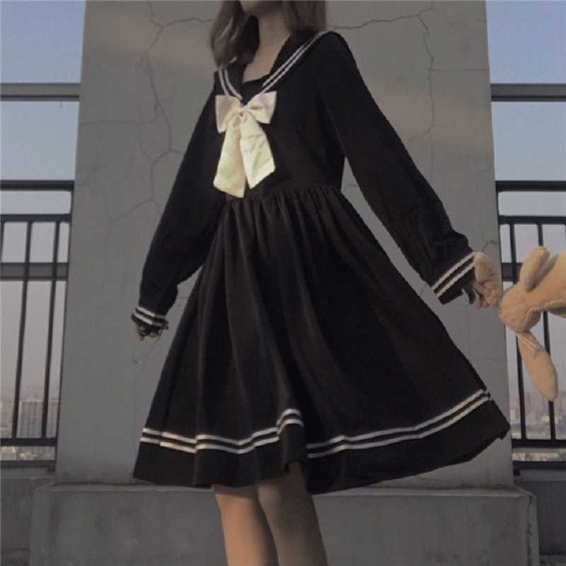 

Autumn Japanese kawaii female dress Preppy Style plus size casual sweet uniform long sleeve ins gothic Vintage 210608, Black