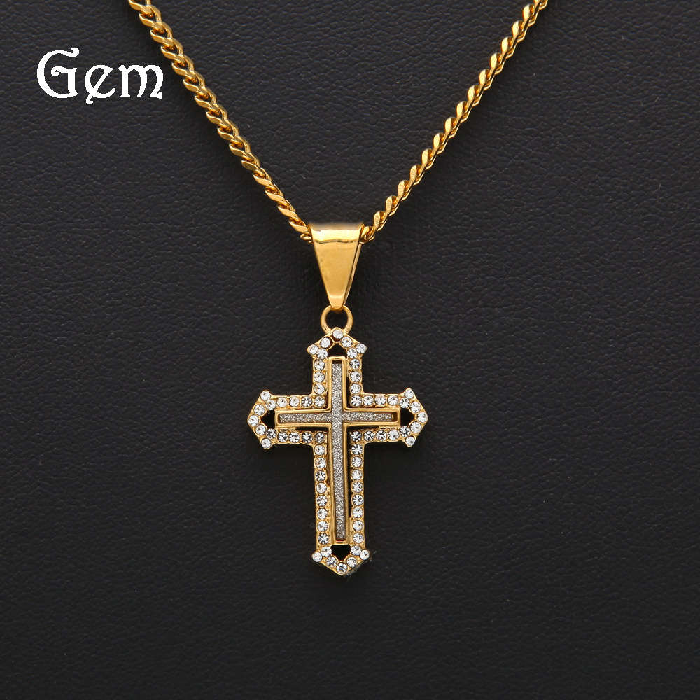 

Hip hop stainless steel inlaid with diamond and glitter powder hollow double cross exquisite design Mini Pendant