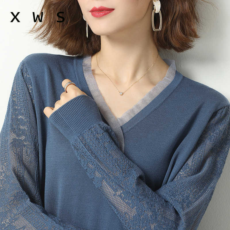 

autumn oversized sweater women fashion lace patchwork long sleeve v neck button kint female jumper office pullover top 210604, Apricot