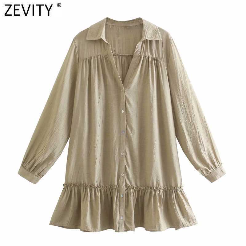 

Zevity Women Fashion Pleat Ruffles Solid Mini Shirt Dress Female Long Sleeve Single Breasted Casual Business Vestido DS8372 210603, As pic ds8372o