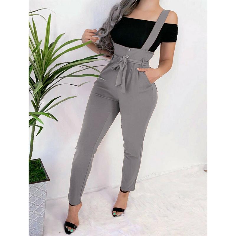 

Women's Jumpsuits & Rompers 2021 Pocket High Waist Belt Overall Jumpsuit Long Trousers Straps Romper Autumn Pants, Black;white