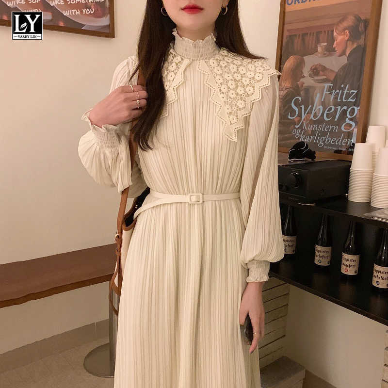 

LY VAREY LIN Spring Autumn Women Knitted Pleated Dress Lace Stand Neck High Waist Slim Robe Solid Color Elegant 210526, Beige