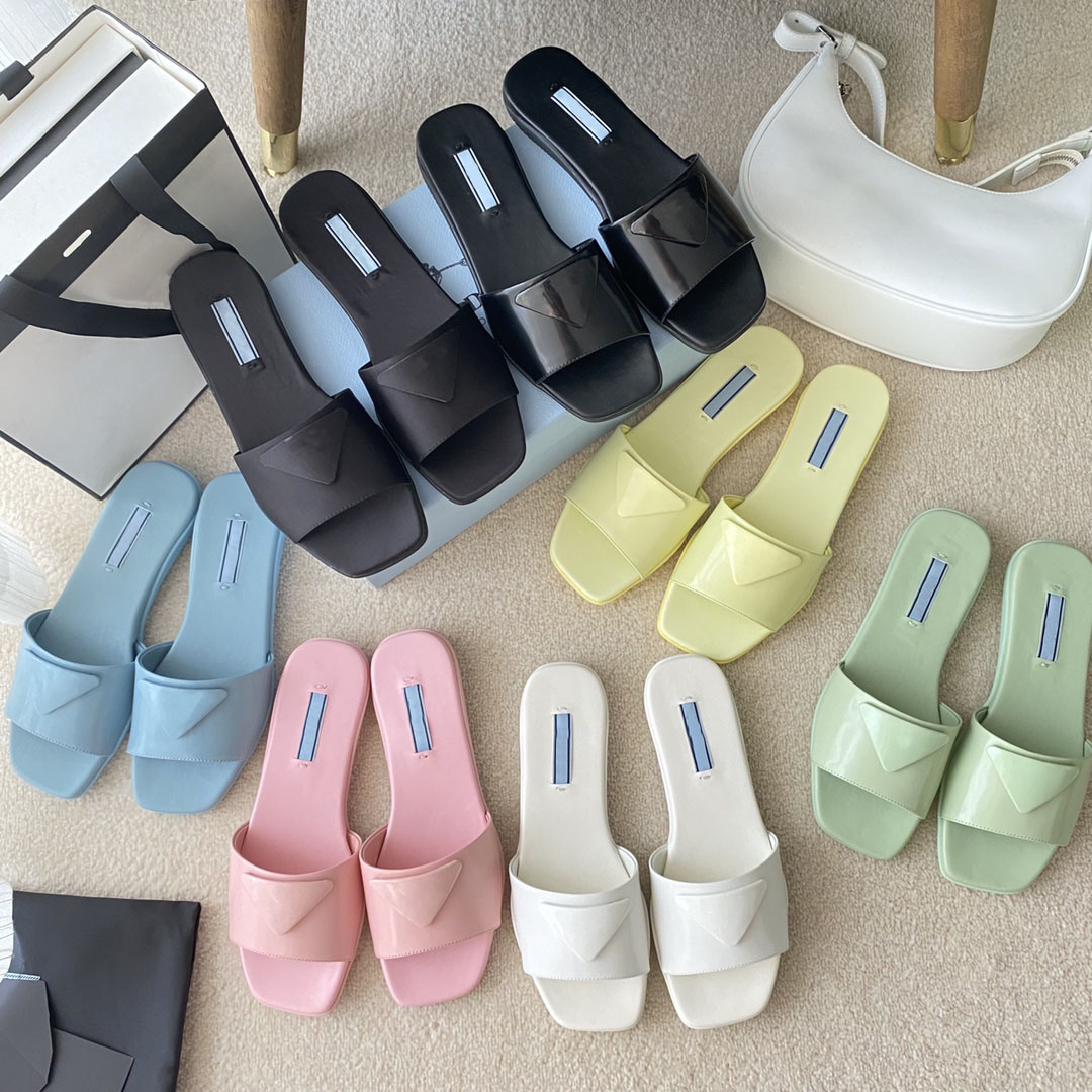 

2021 Luxury designer triangular slipper Brushed leather slides flat bottom Elegant and casual outdoor women's square head slippers with box, Color 6