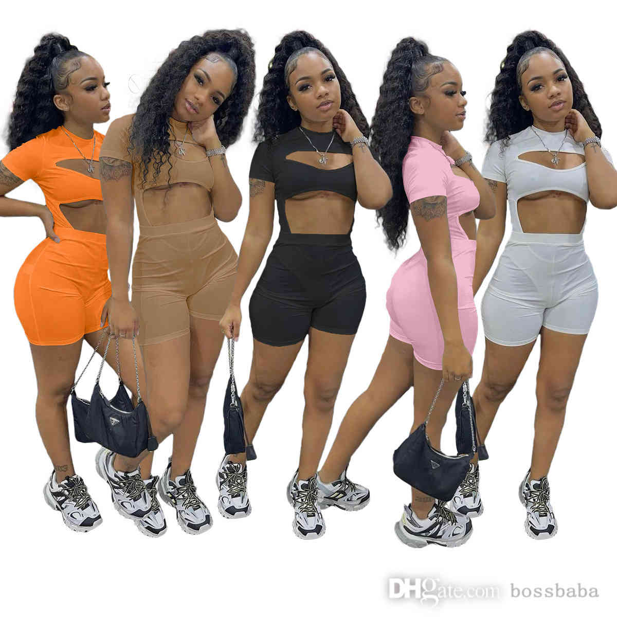 

Fashion Sexy Women Trakcuists Designer Summer Shorts Cut Out Jumpsuit Two Piece set Nightclub Style, Orange