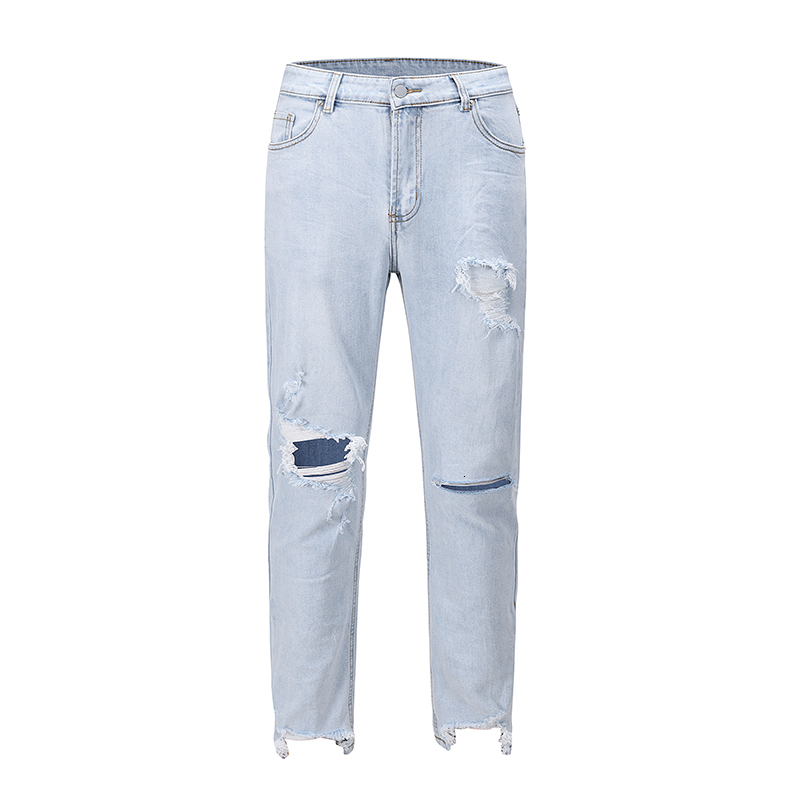 

2021 New Buraco Desgastado Angustiado Ps Irregulares Jean Para Homem e Mulher Reta Lavada Luz Azul Denim Calas Hip Hop Cala Jeans Casual M5j, Blue