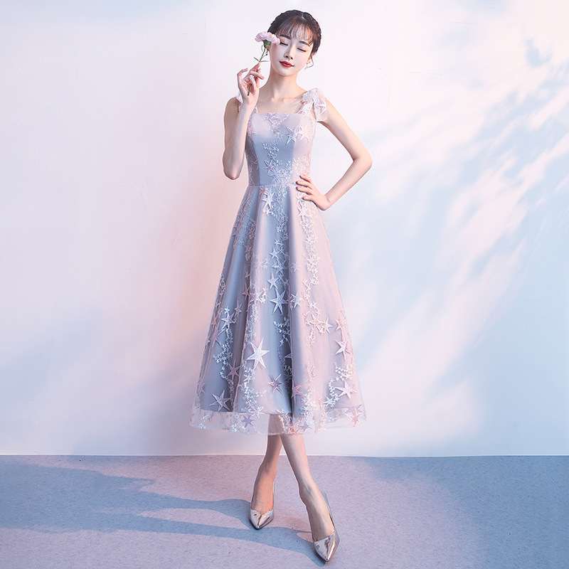 

Women Exquisite Star Embroidery Banquet Gown Sweet Bow Trim Evening Party Dress Dreamy Mesh Pleated Dresses Dc7h, Champagne-short