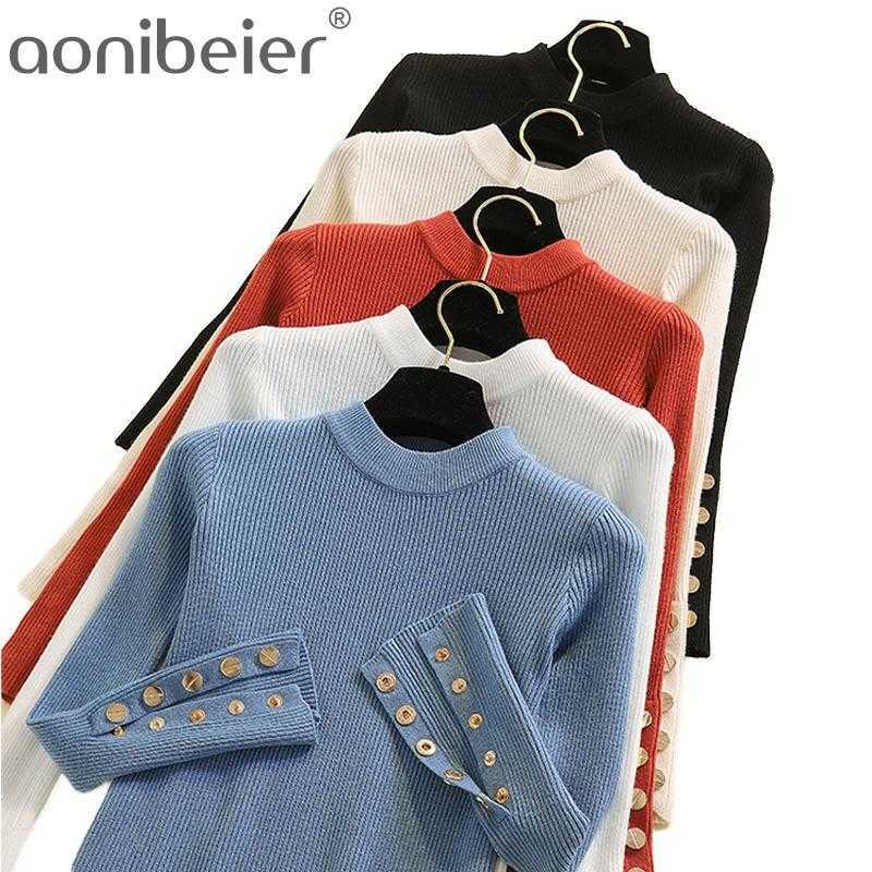 

Autumn Winter Women Thick Sweater Pullovers Long Sleeve Button O-Neck Female Slim knit top soft Jumper Tops 210604, Green