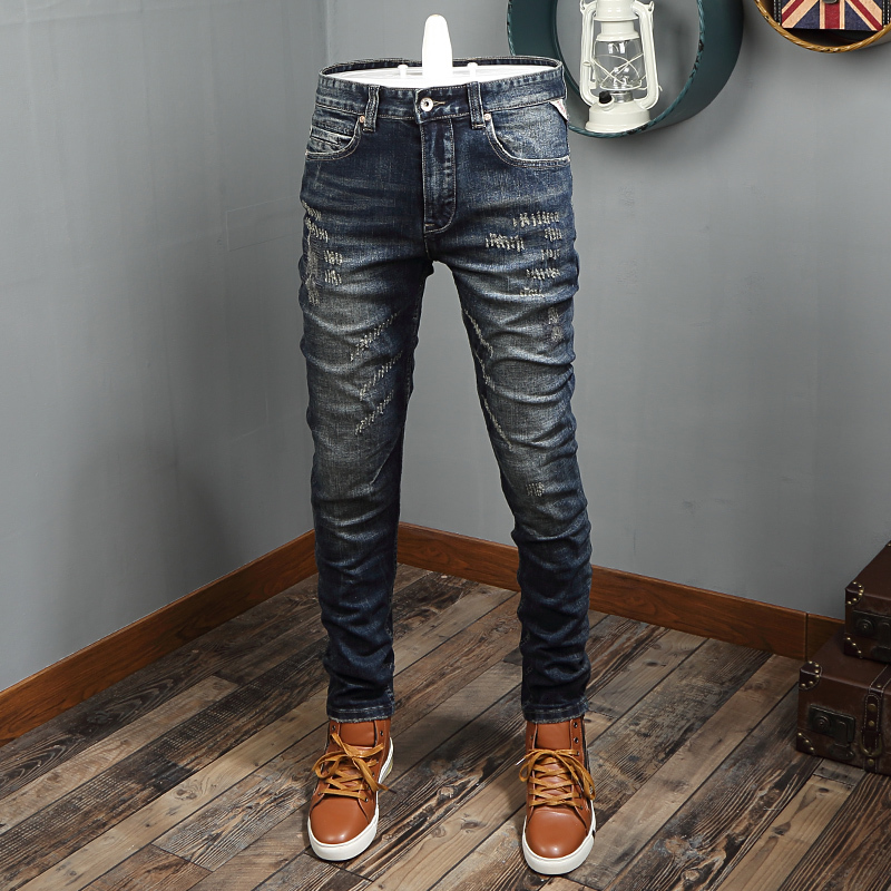 

2021 New Fashion Streetwear High Quality Slim Fit Destroyed Ripped Italian Style Vintage Designer Jeans Men Hip Hop Pants Eana, Black blue