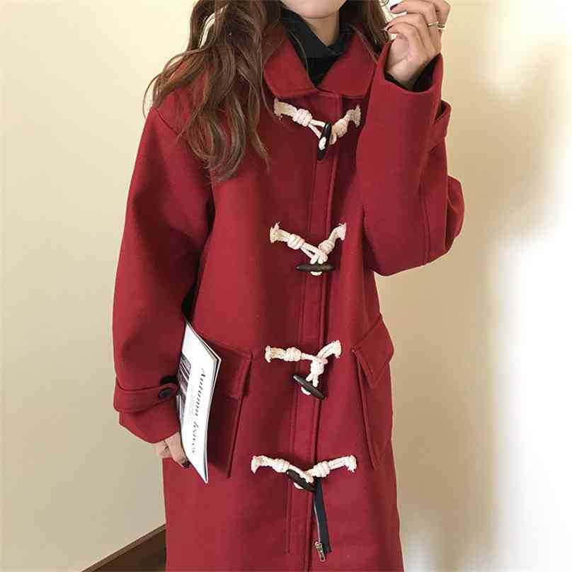 

Red Chic Wool Winter Retro Outwear Warm Stylish Elegant Vintage Loose Streetwear Female Casual Long Clothe 210525, Photo color