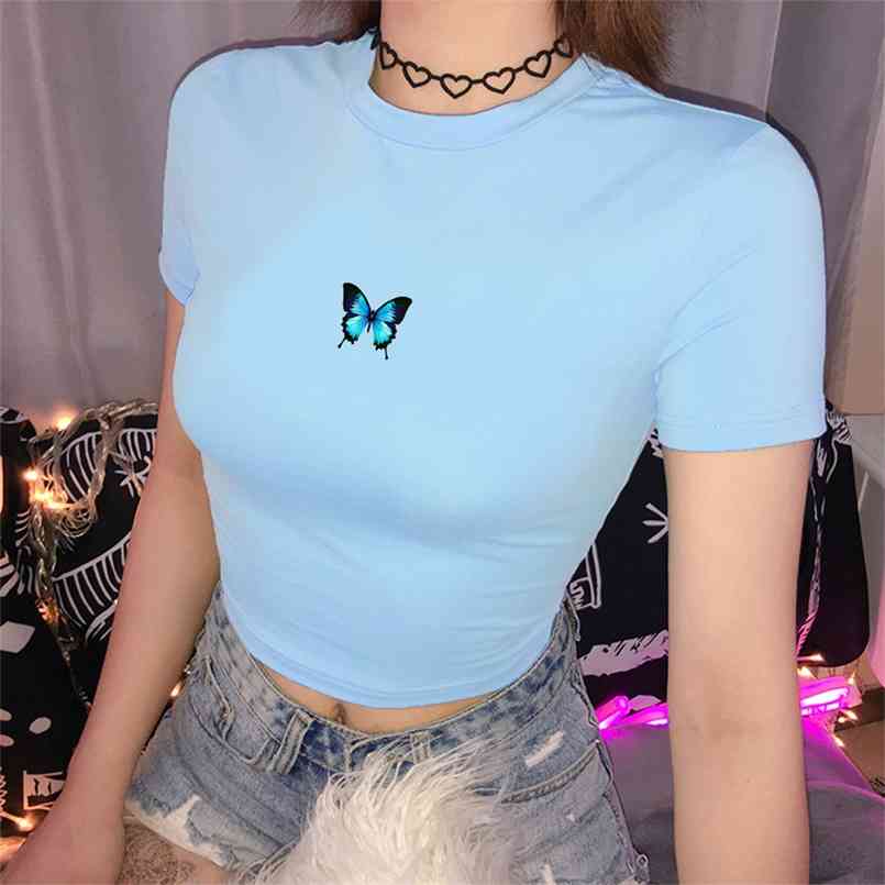 

Fashion Cartoon Blue Crop Top Harajuku O Neck Cropped T Shirt Cute Women T-shirt Gothic Tshirt Streetwear 210708, Purity white
