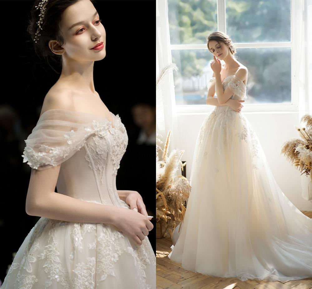 

2021 Vintage A-line Champagne Off the Shoulder Applique Lace Wedding Gowns Robe De Mariage Bride Es New Designer Ol8h, Ivory