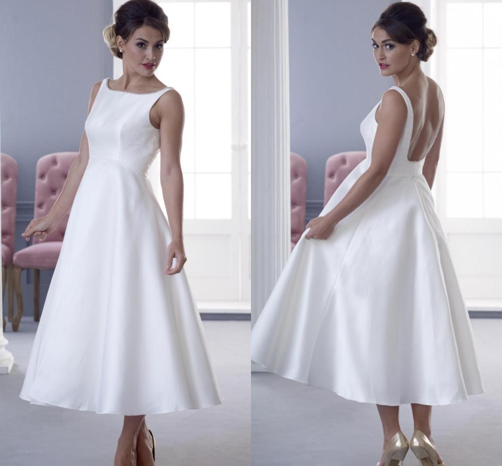 

2021 New Simple Satin Vintage Tea Length Short Wedding Es Sleeveless Boat Neck A-line 1950s Beach Bridal Gowns Informal Ovz6, Black