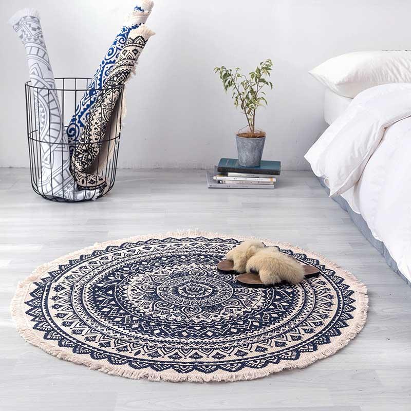 

Carpets Nordic Handmade Tassel Floor Mat Woven Cotton And Linen Round Bedroom Living Room Sofa Coffee Table Carpet 90x90cm