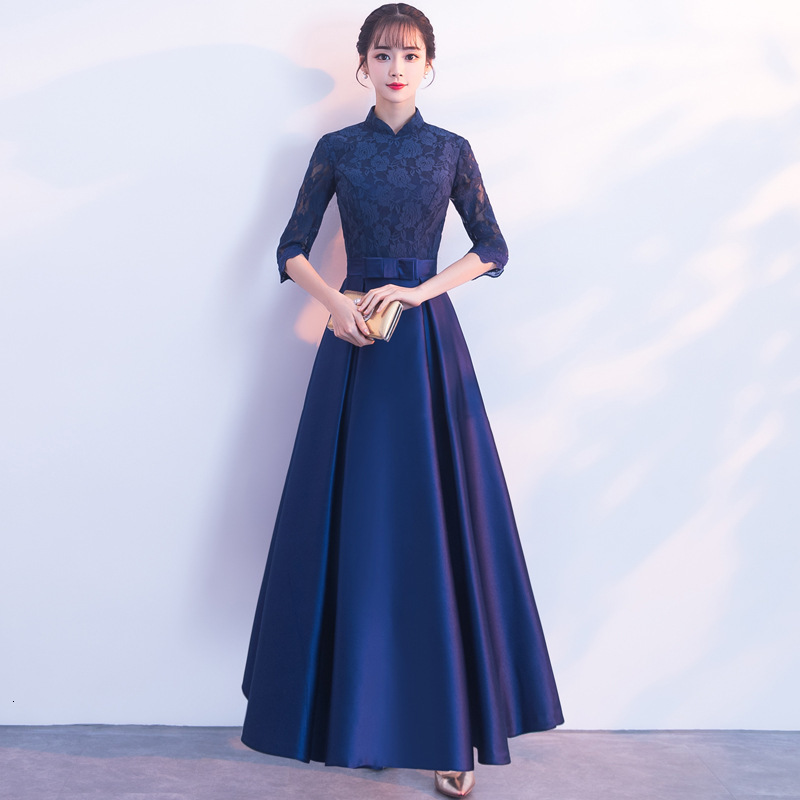 

Female Chinese Formal Party Dress Navy Blue Exquisite Vintage Banquet Gown Elegant Pleated Dresses Qipao Dfas, Navy blue-2-medium l
