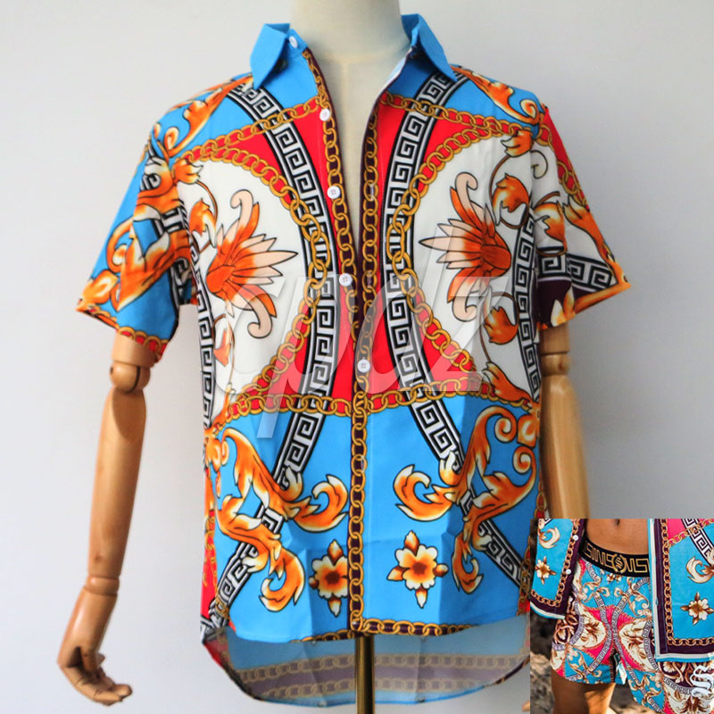 

summer Hawaiian Style Tracksuit sandy beach Casual Short Sleeve Sweat Suit Fashion Men 2piece Set Quick Drying Blouse Shirt Shorts swimsuit, As picture