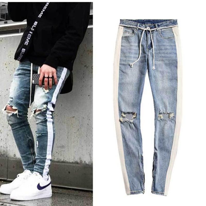

Men's Jeans Man 'side Stripe Zipper Designer INS Stretch Broken Hole Black Hip Hop Sportswear Elastic Waist Joggers Pants Fashion Cloting, 2205 the blue