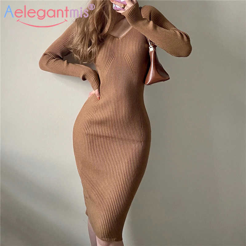 

Aelegantmis Sexy V Neck Women Basic Ribbed Knit Dress Bodycon High Street Party Female Knitwear Soft Vestidos 210607, Black