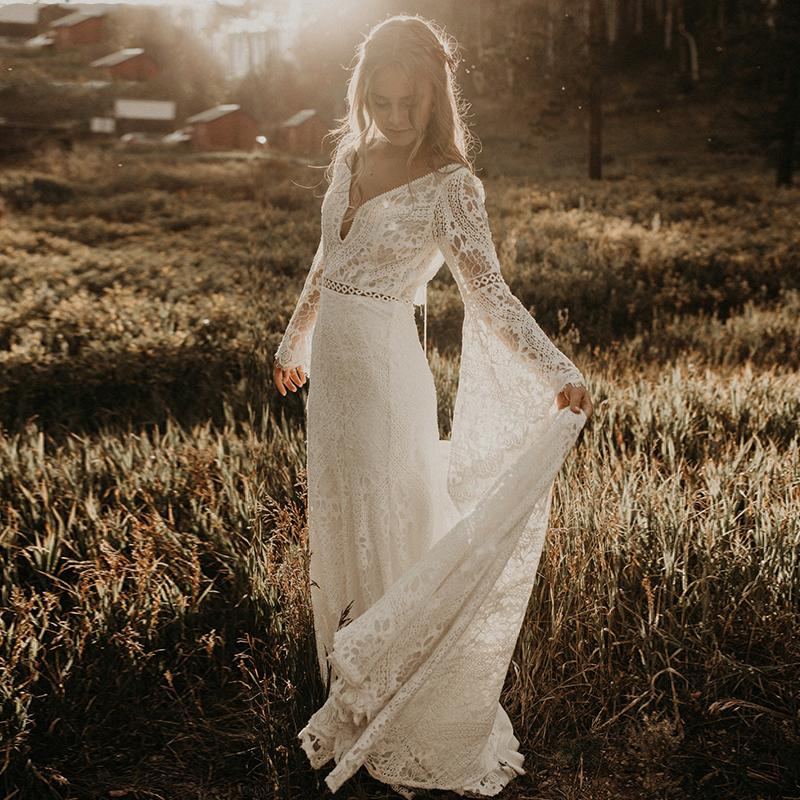 

Bohemian A Line Wedding Dress 2021 Sexy Backless Bride Dresses Cotton Crochet Lace Long Sleeve Country Boho Beach Bridal Gowns V Neck, Khaki