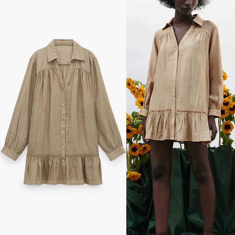 

Za Summer Ruffle Wrinkled Mini Dress Women Long Sleeve Loose Vintage Dresses Woman Fashion Button Up Flounced Hem Dress 210602, As picture