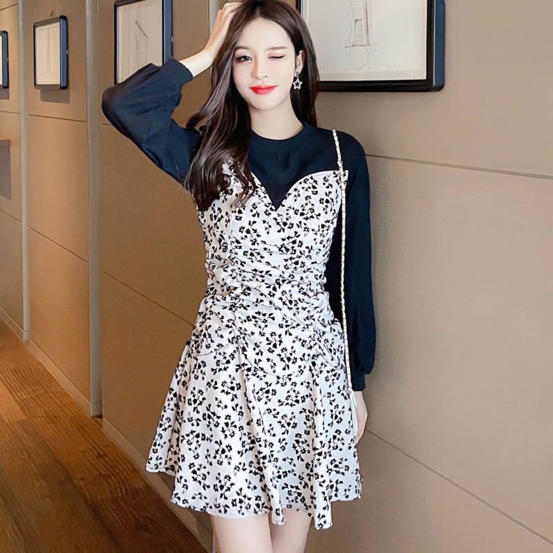 

Casual Dresses Women 2021 Spring Fall Korean Chic Girls Fake Two Piece Stitching Vintage Floral Printed Mermaid Mini Vestidos Robe, Apricot