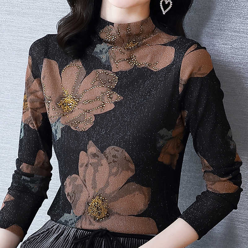 

Autumn Long Sleeve Blouse Women Blusas Mujer De Moda Stand Collar Diamonds Print Blouse Shirt Womens Tops And Blouses D718 210602, Flower