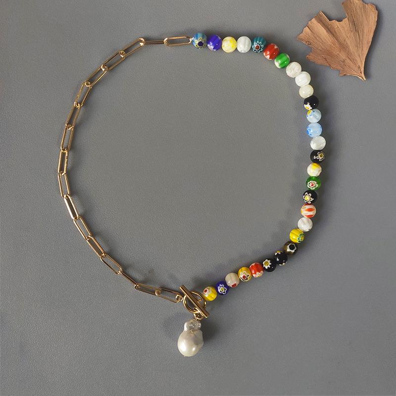 

Pendant Necklaces Bohemian Color Flower Pattern Beaded Necklace Natural Baroque Pearl Ladies Fashion Trend Accessories Choker Wholesale