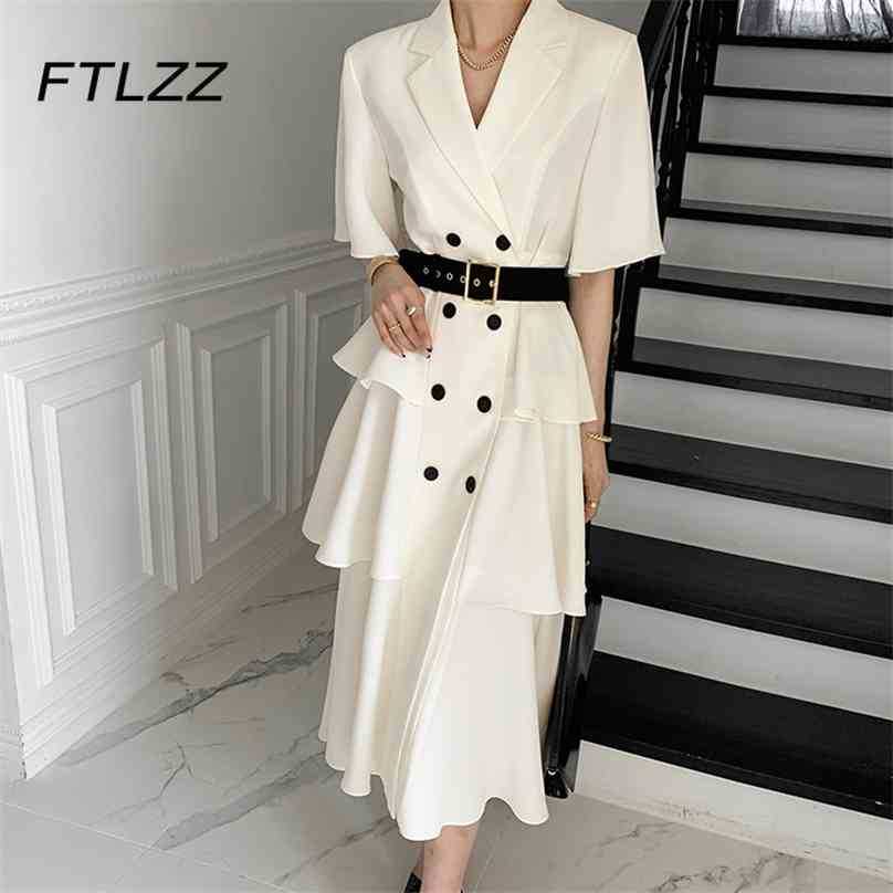 

Women Vintage Office Dress Vestidos Summer Elegant Notched Patchwork Ruffles Layered Dresses Ladies French Belt Dot Midi Robe 210525, White dot