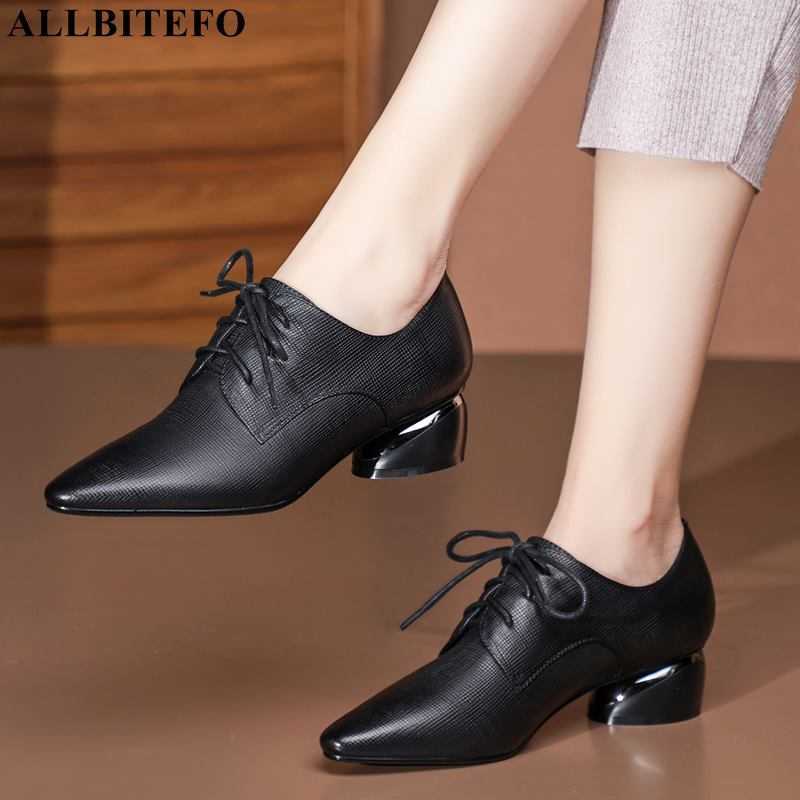 

ALLBITEFO size 34-42 lace-up fashion comfortable genuine leather women heels shoes pointed toe sexy women pumps high heel shoes 210611, As picture