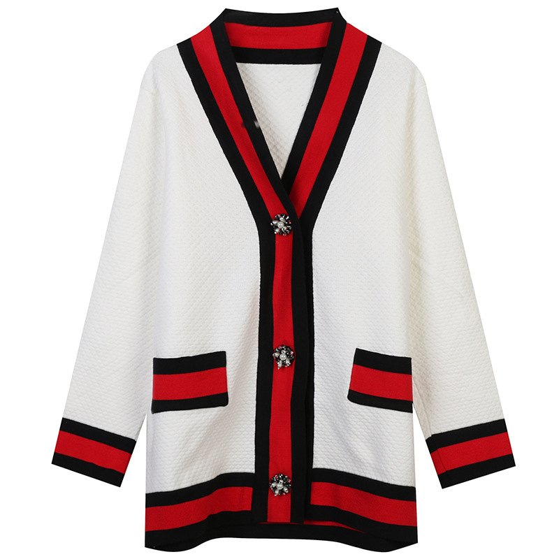 

801 2021 Summer Autumn Brand Same Style Top Long Sleeve V Neck Black White Cardigan Fashion Womens Clothes Sweater Women Clothes mingmo