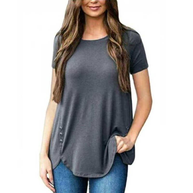 

Summer Solid Color Short Sleeve Women T-shirt Casual Loose Irregular Hem O Neck Button Streetwear Plus Size Female Tee Shirt 210608, Navy blue