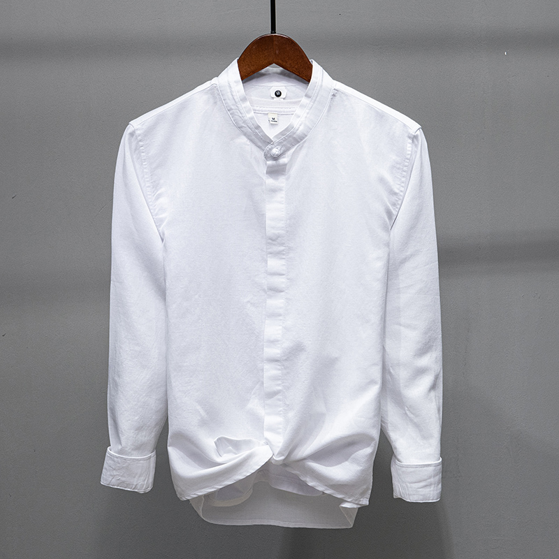 

2021 New Designer Long Sleeve Linen and Cotton Brand Shirt Fashion Stand Collar White for Men Four Seanson Solid Shirts Tq7g