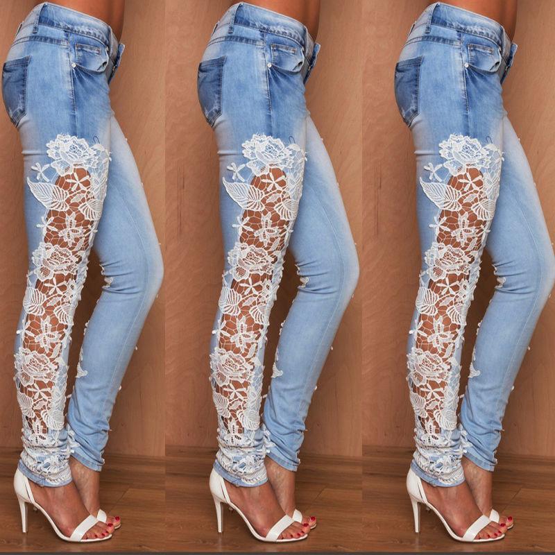 

Women's Pants & Capris Women Stretch Lace Floral Side Spliced Denim Trousers Hollow Out Slim Pencil Jeans Femme Pantalo, Black;white
