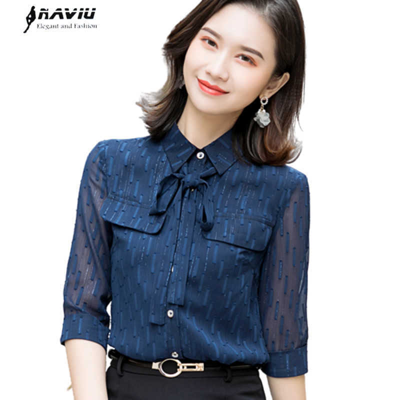 

Shirt Women Summer Bow Design Plus Size Half Sleeve Chiffon Blouses Office Ladies Temperament Work Tops 210604, Navy blue